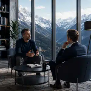 Deux personnes échangent lors d'une séance de coaching exécutif dans un bureau avec vue sur des montagnes enneigées.